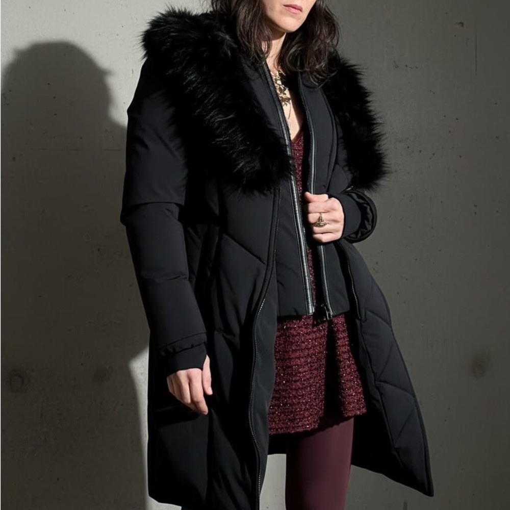 Rudsak Down coat black on black real fox fur with leather details